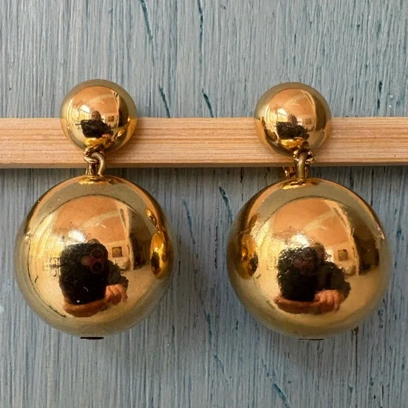 Vintage Monet Gold Ball Clip-On Drop Earrings - Picture 5 of 7